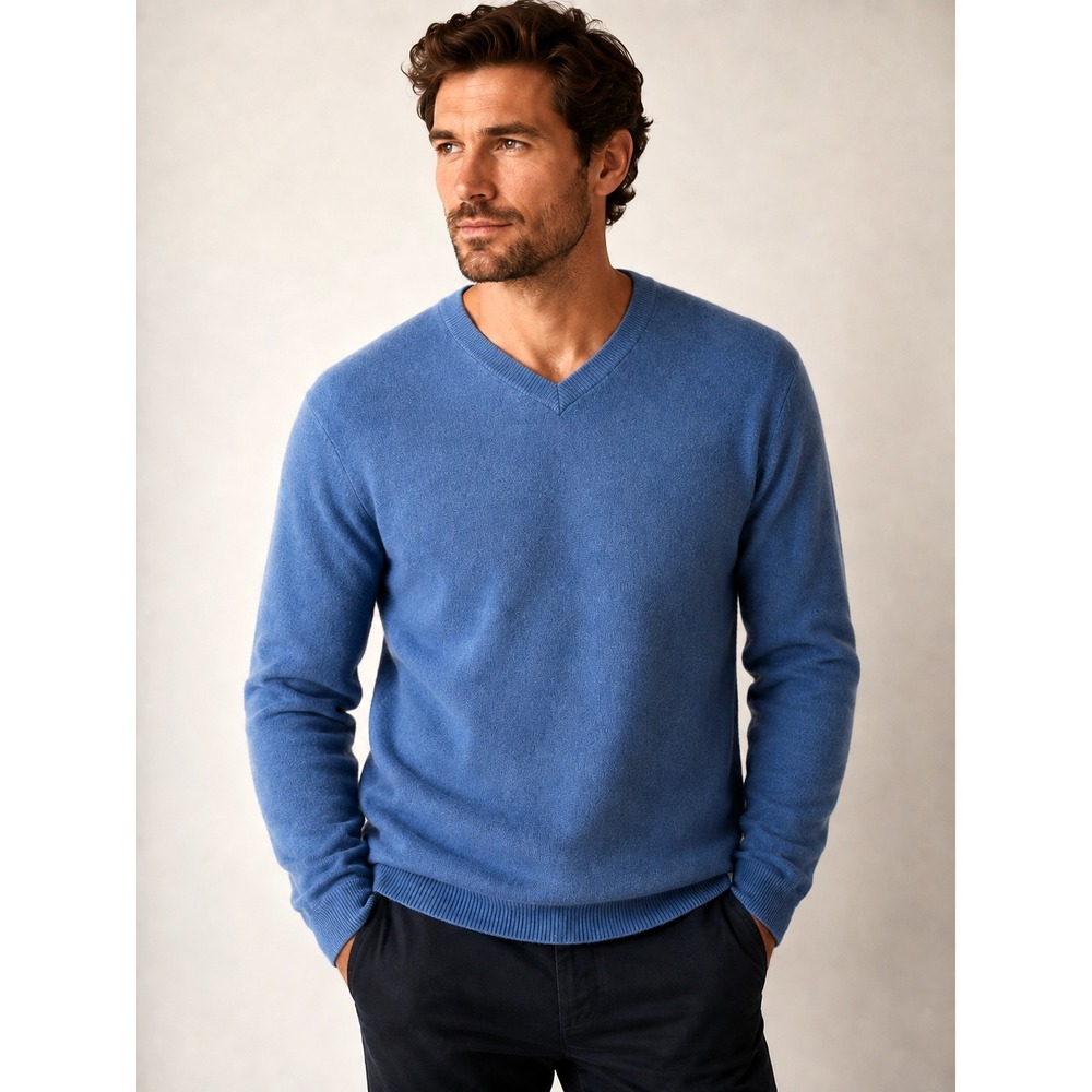 Black Brown 1826 Mens XL 100%‎ 2-Ply Cashmere V-Neck Sweater Blue Old Money EUC